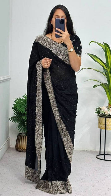 Grand Black Color Vichitra Fabric Partywear Saree