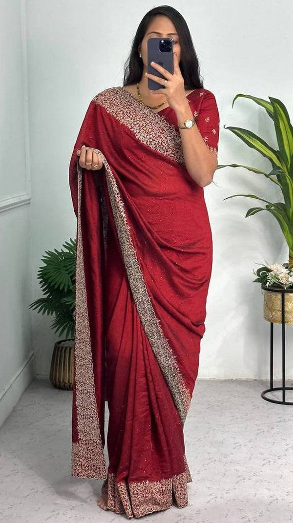 Grand Maroon Color Vichitra Fabric Partywear Saree