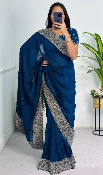 Grand Teal Color Vichitra Fabric Partywear Saree