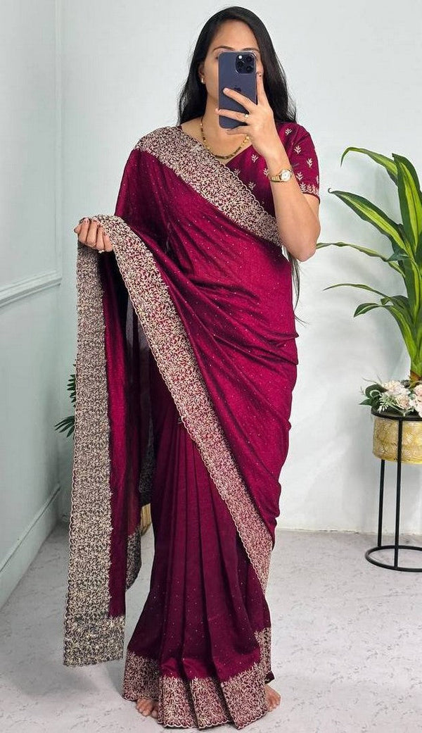 Grand Wine Color Vichitra Fabric Partywear Saree