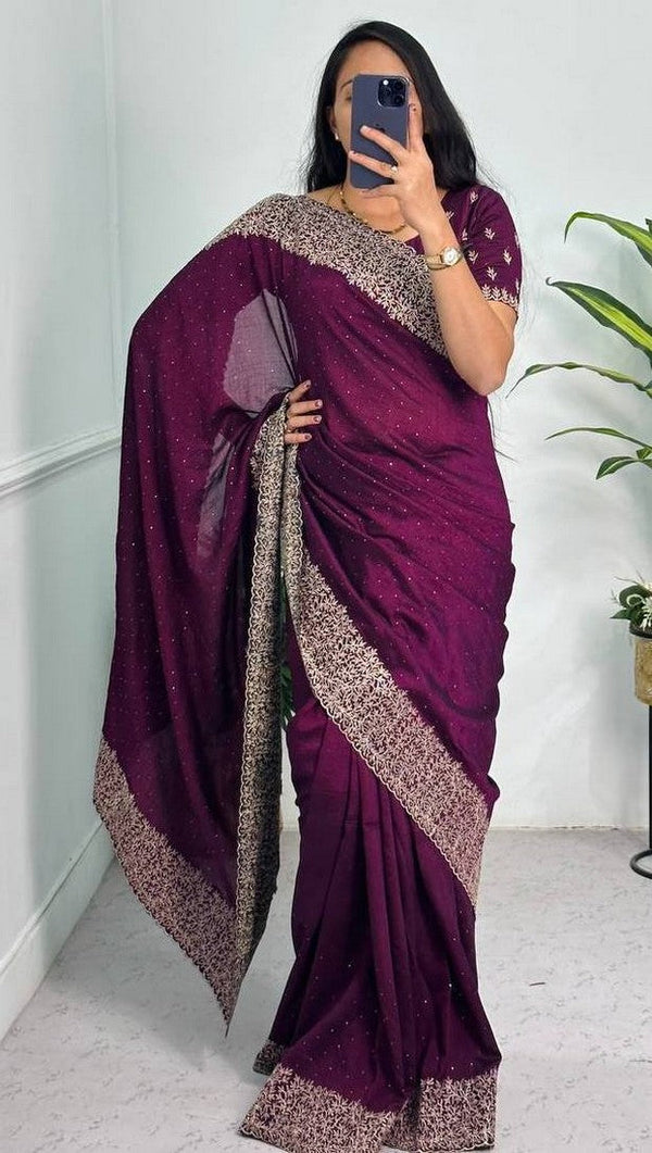 Grand Voilet Color Vichitra Fabric Partywear Saree