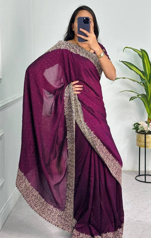 Grand Voilet Color Vichitra Fabric Partywear Saree