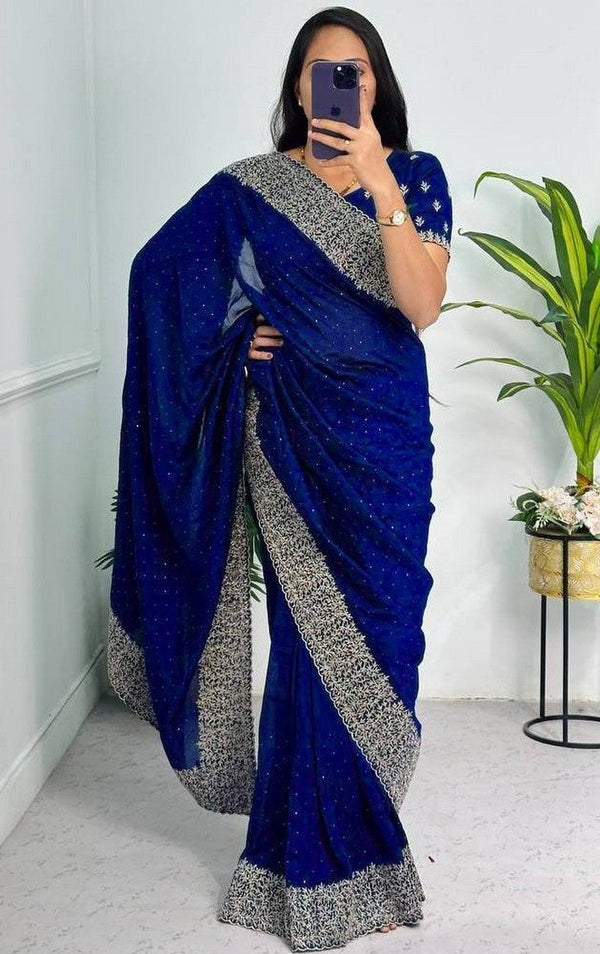 Grand Blue Color Vichitra Fabric Partywear Saree