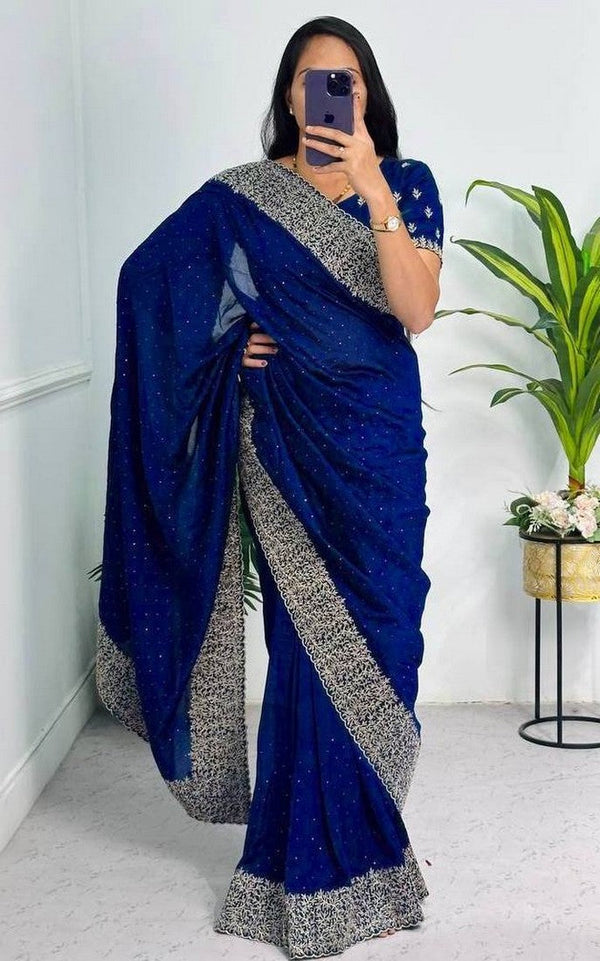 Grand Blue Color Vichitra Fabric Partywear Saree