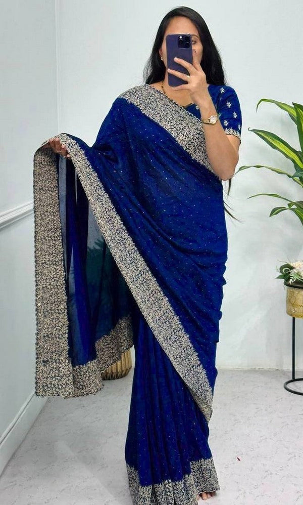 Grand Blue Color Vichitra Fabric Partywear Saree