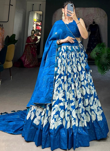 Lovely Blue Color Tussar Fabric Party Wear Lehenga