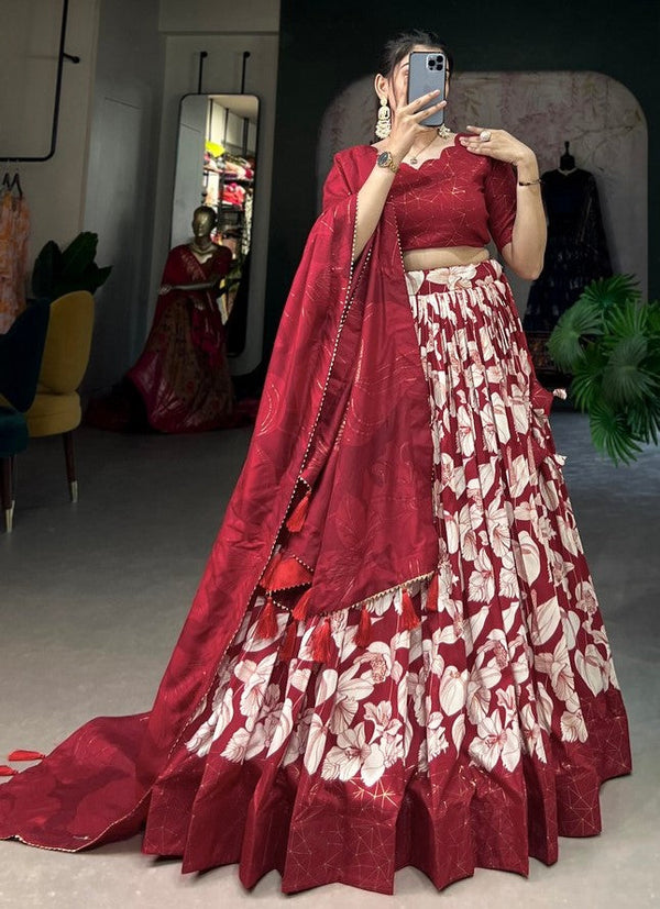 Lovely Red Color Tussar Fabric Party Wear Lehenga