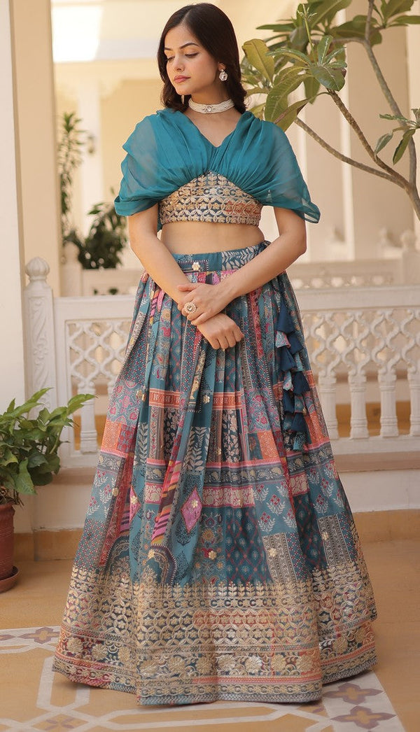 Beautiful Teal Color Silk Fabric Designer Lehenga