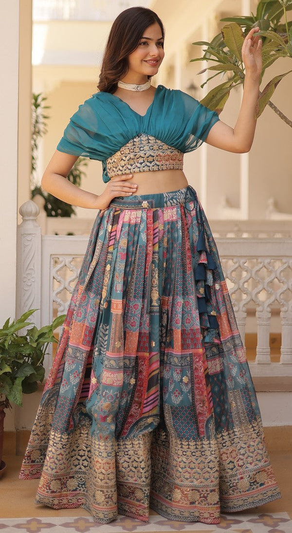 Beautiful Teal Color Silk Fabric Designer Lehenga