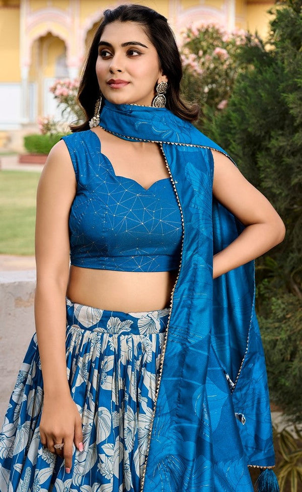 Lovely Blue Color Tussar Fabric Party Wear Lehenga