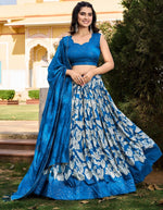 Lovely Blue Color Tussar Fabric Party Wear Lehenga