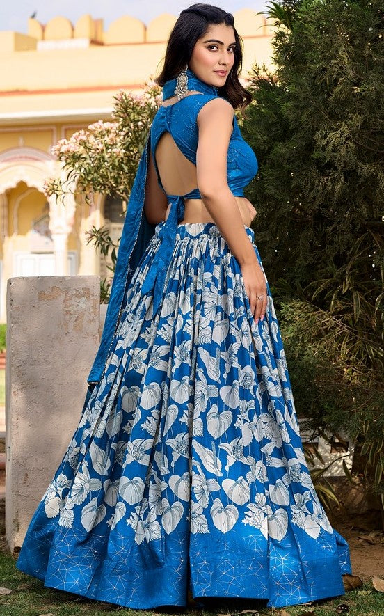 Lovely Blue Color Tussar Fabric Party Wear Lehenga