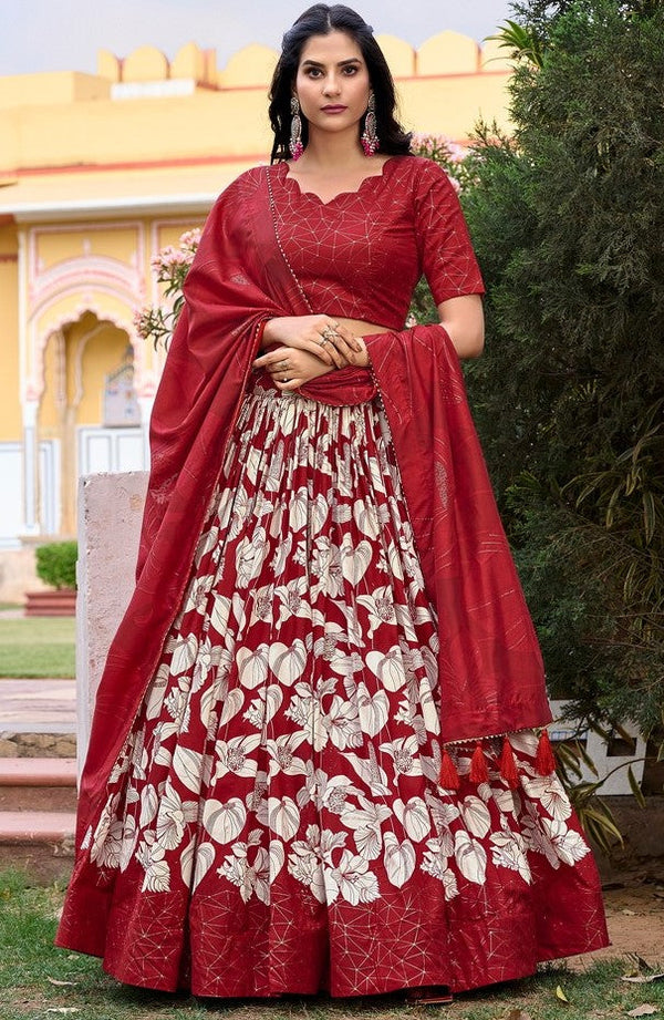 Lovely Red Color Tussar Fabric Party Wear Lehenga