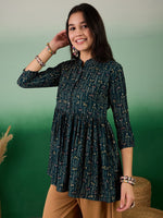 Pretty Green Color Cotton Fabric Short Kurti