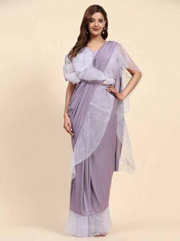 Pretty Purple Color Lycra Fabric Readymade Saree