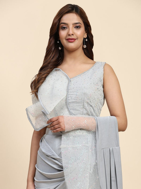 Pretty Grey Color Lycra Fabric Readymade Saree