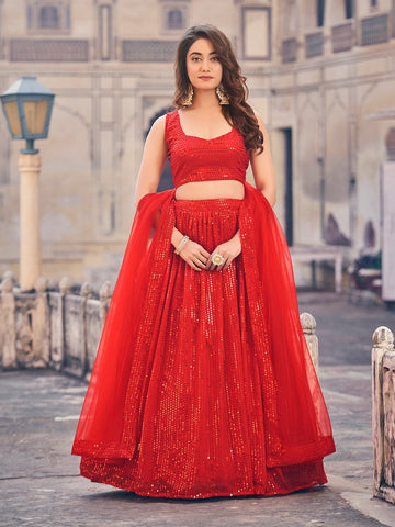 Lovely Red Color Georgette Fabric Party Wear Lehenga