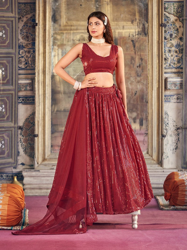 Lovely Maroon Color Georgette Fabric Party Wear Lehenga