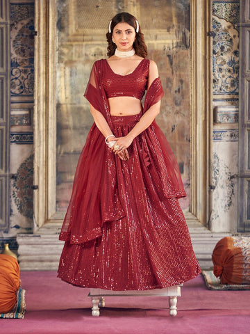 Lovely Maroon Color Georgette Fabric Party Wear Lehenga