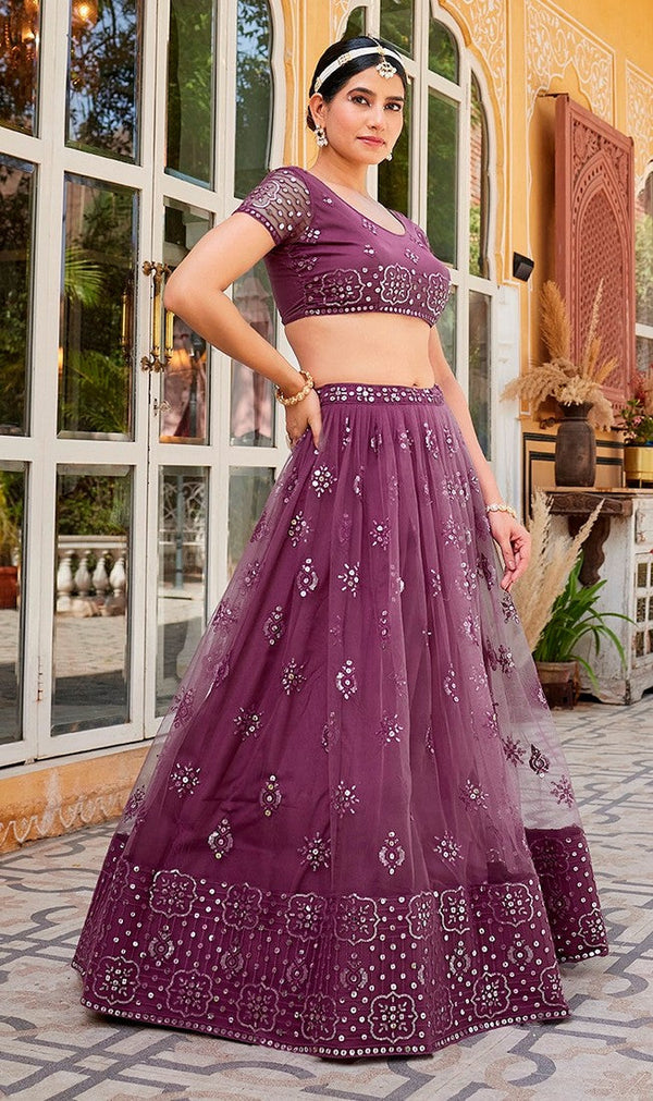 Lovely Wine Color Net Fabric Party Wear Lehenga