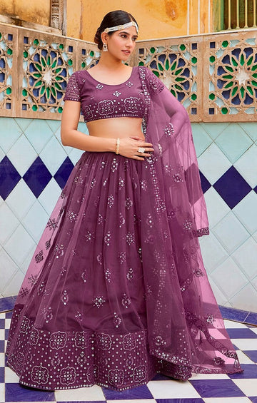 Lovely Wine Color Net Fabric Party Wear Lehenga