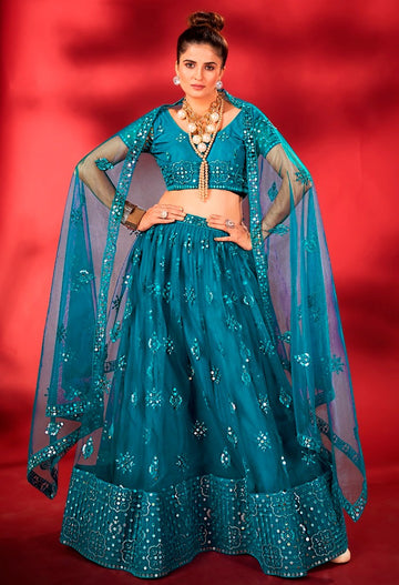 Lovely Teal   Color Net Fabric Party Wear Lehenga