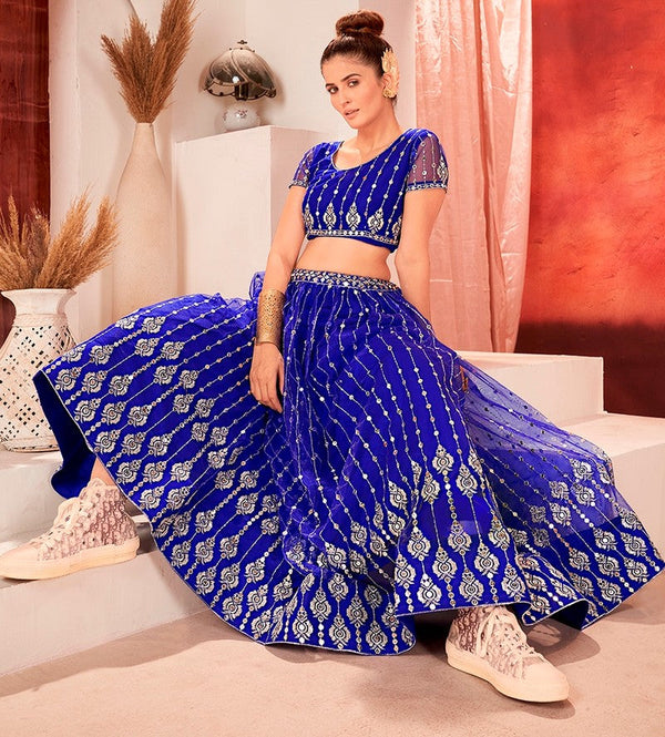 Lovely Blue Color Net Fabric Party Wear Lehenga