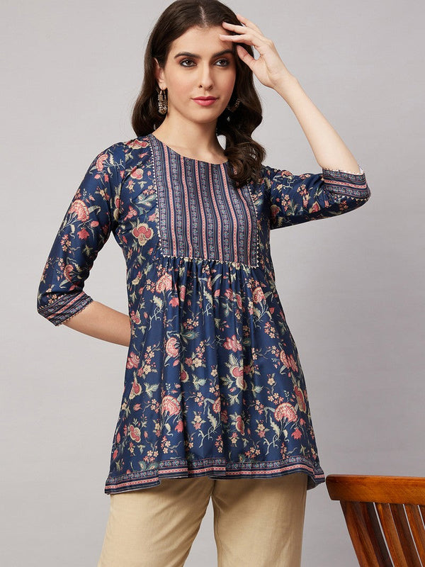 Pretty Navy Blue Color Chinon Fabric Short Kurti