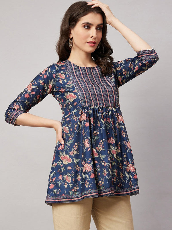 Pretty Navy Blue Color Chinon Fabric Short Kurti