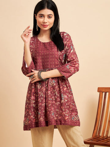 Pretty Maroon Color Chinon Fabric Short Kurti