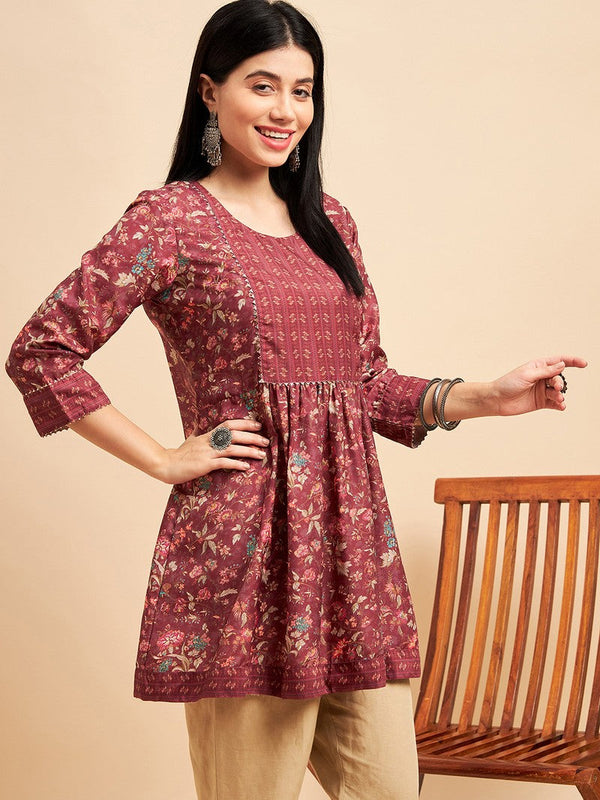 Pretty Maroon Color Chinon Fabric Short Kurti