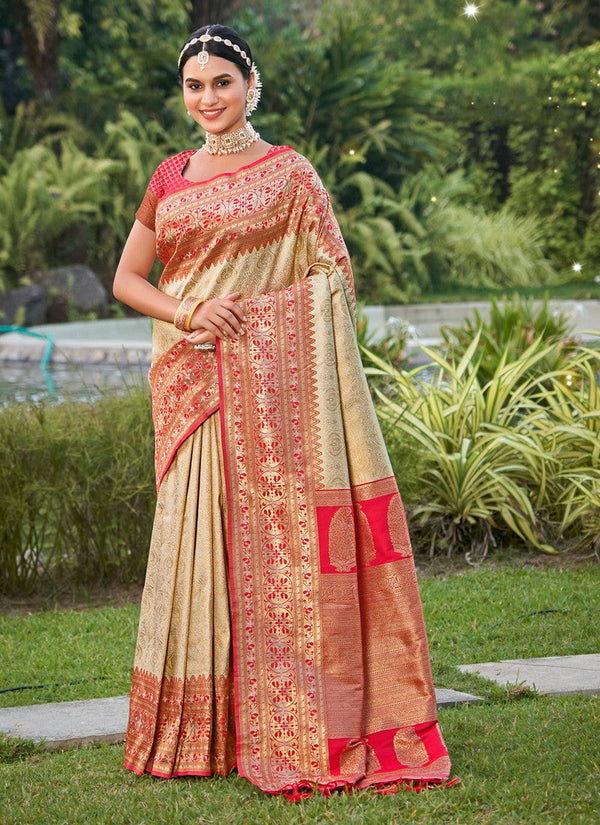 Beauteous Beige Color Silk Fabric Partywear Saree