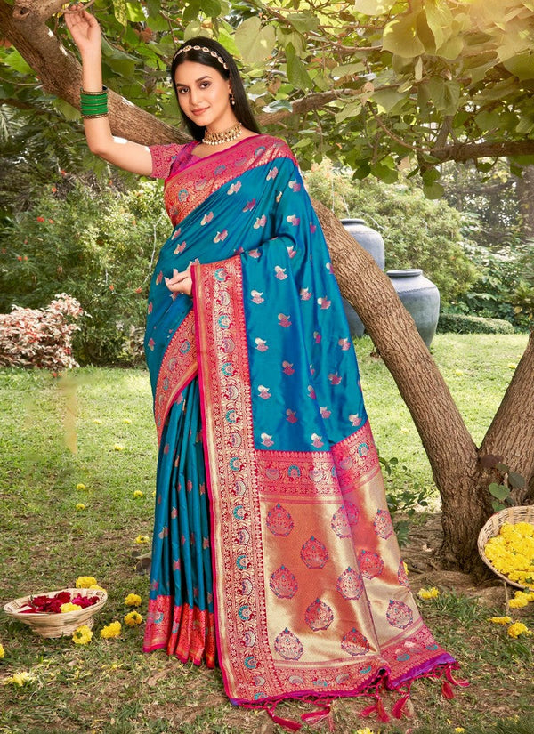 Lovely Turquoise Color Silk Fabric Partywear Saree