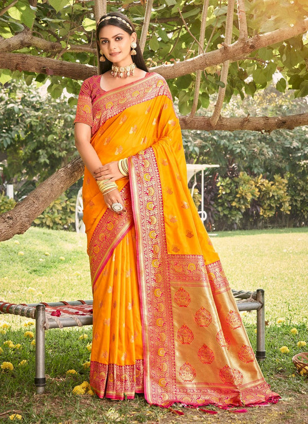 Lovely Yellow Color Silk Fabric Partywear Saree