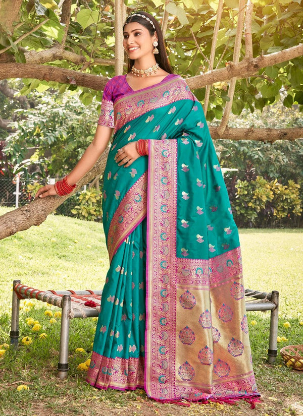 Lovely Turquoise Color Silk Fabric Partywear Saree