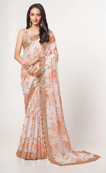 Lovely Cream Color Organza Fabric Partywear Saree