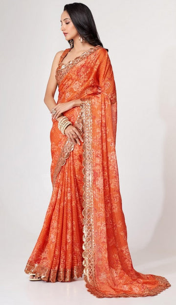 Lovely Orange Color Organza Fabric Partywear Saree