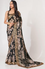 Lovely Black Color Organza Fabric Partywear Saree