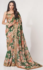 Lovely Green Color Organza Fabric Partywear Saree