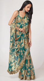 Lovely Teal Color Organza Fabric Partywear Saree