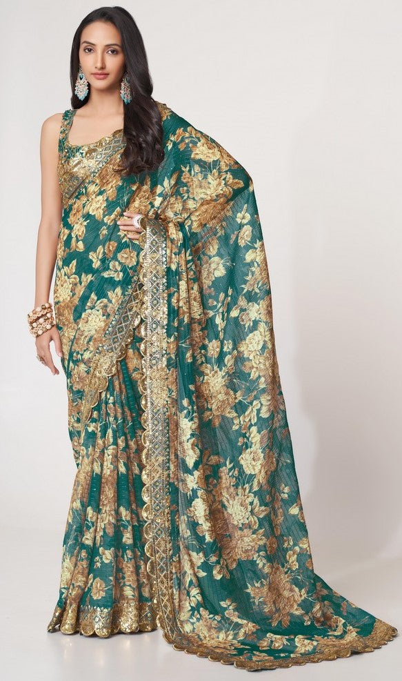 Lovely Teal Color Organza Fabric Partywear Saree