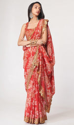 Lovely Red Color Organza Fabric Partywear Saree