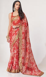 Lovely Red Color Organza Fabric Partywear Saree