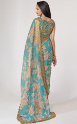 Lovely Turquoise Color Organza Fabric Partywear Saree