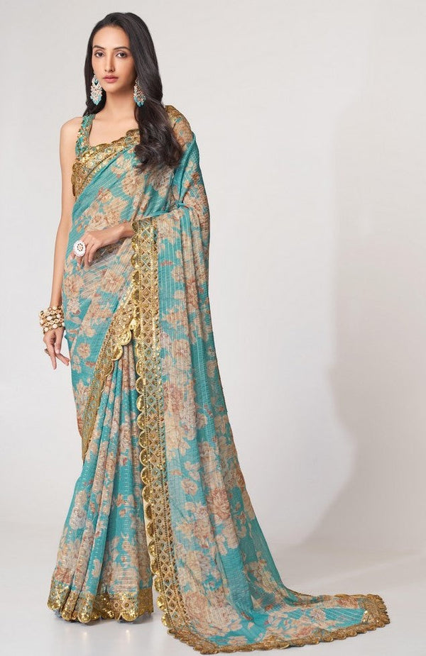 Lovely Turquoise Color Organza Fabric Partywear Saree