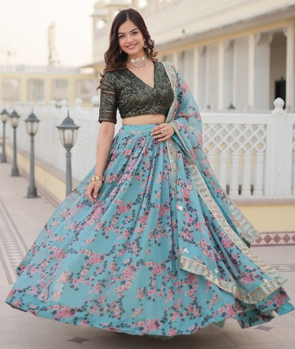 Lovely Aqua Color Georgette Fabric Party Wear Lehenga