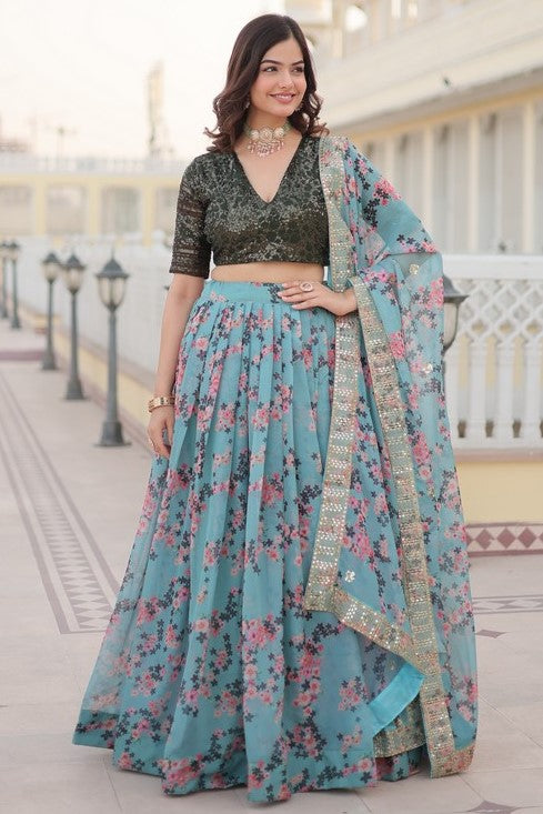 Lovely Aqua Color Georgette Fabric Party Wear Lehenga