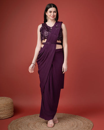 Pretty Wine Color Imported Fabric Readymade Saree