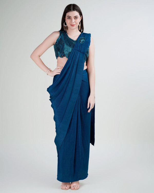 Pretty Teal  Color Imported Fabric Readymade Saree