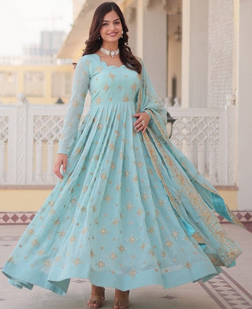 Striking Aqua Color Georgette Fabric Gown